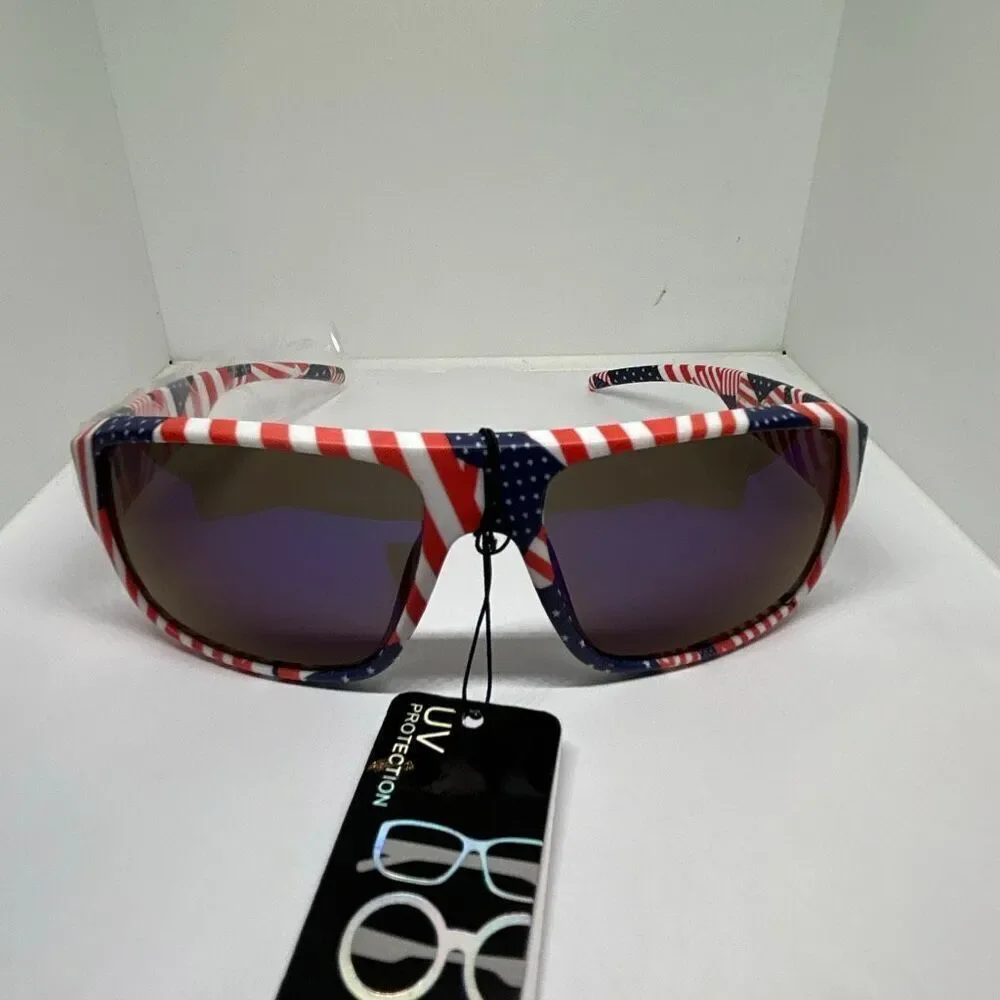 Men’s Patriotic American Flag Sunglasses Blue Mirrored Lens UV Protection